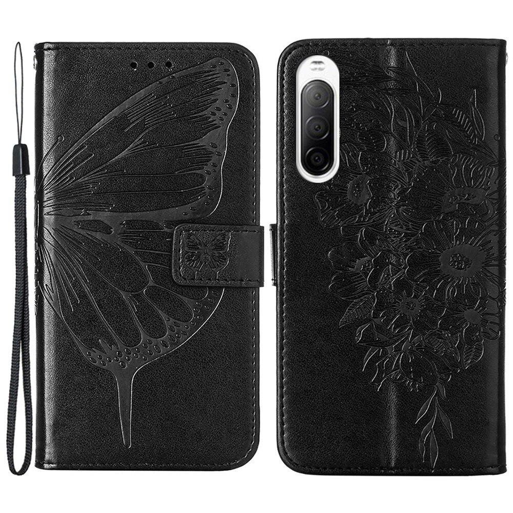 Custodia in pelle a farfalle per Sony Xperia 10 IV, Nero