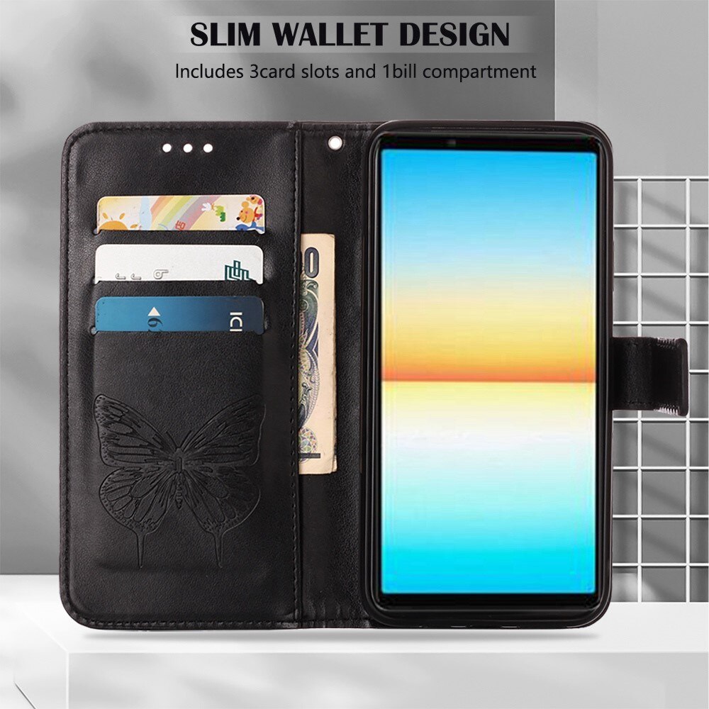 Custodia in pelle a farfalle per Sony Xperia 10 IV, Nero