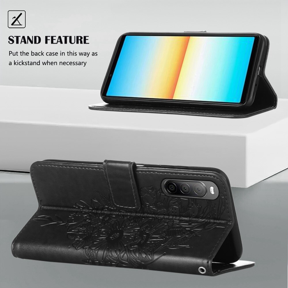 Custodia in pelle a farfalle per Sony Xperia 10 IV, Nero