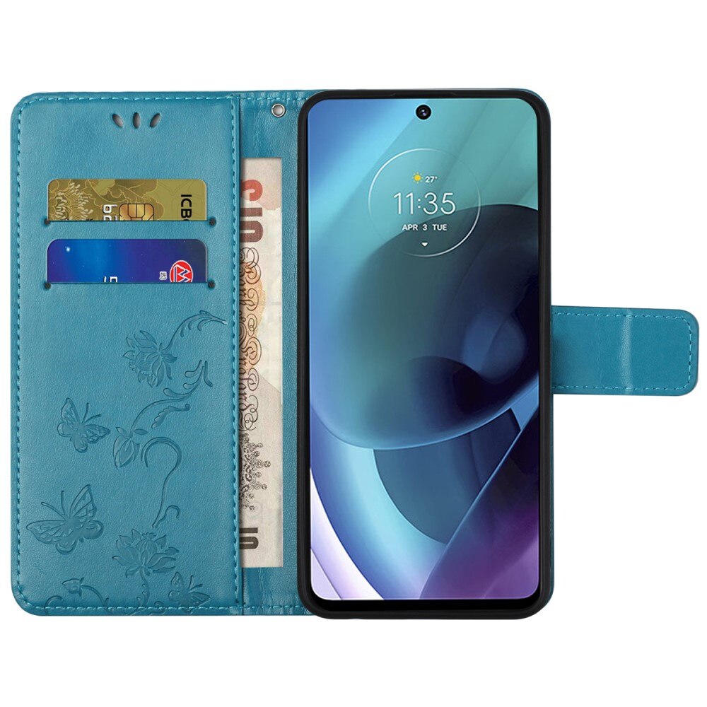 Custodia in pelle a farfalle per Motorola Moto G51, blu