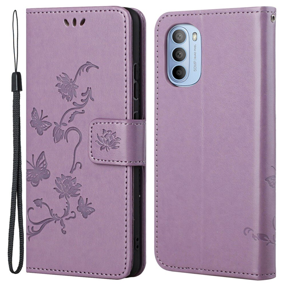 Custodia in pelle a farfalle per Motorola Moto G31/Moto G41, Viola