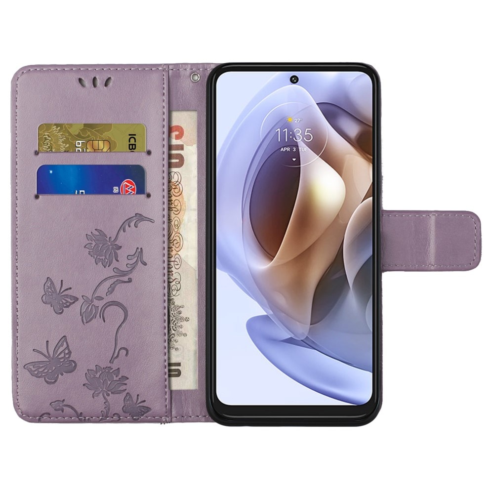 Custodia in pelle a farfalle per Motorola Moto G31/Moto G41, Viola