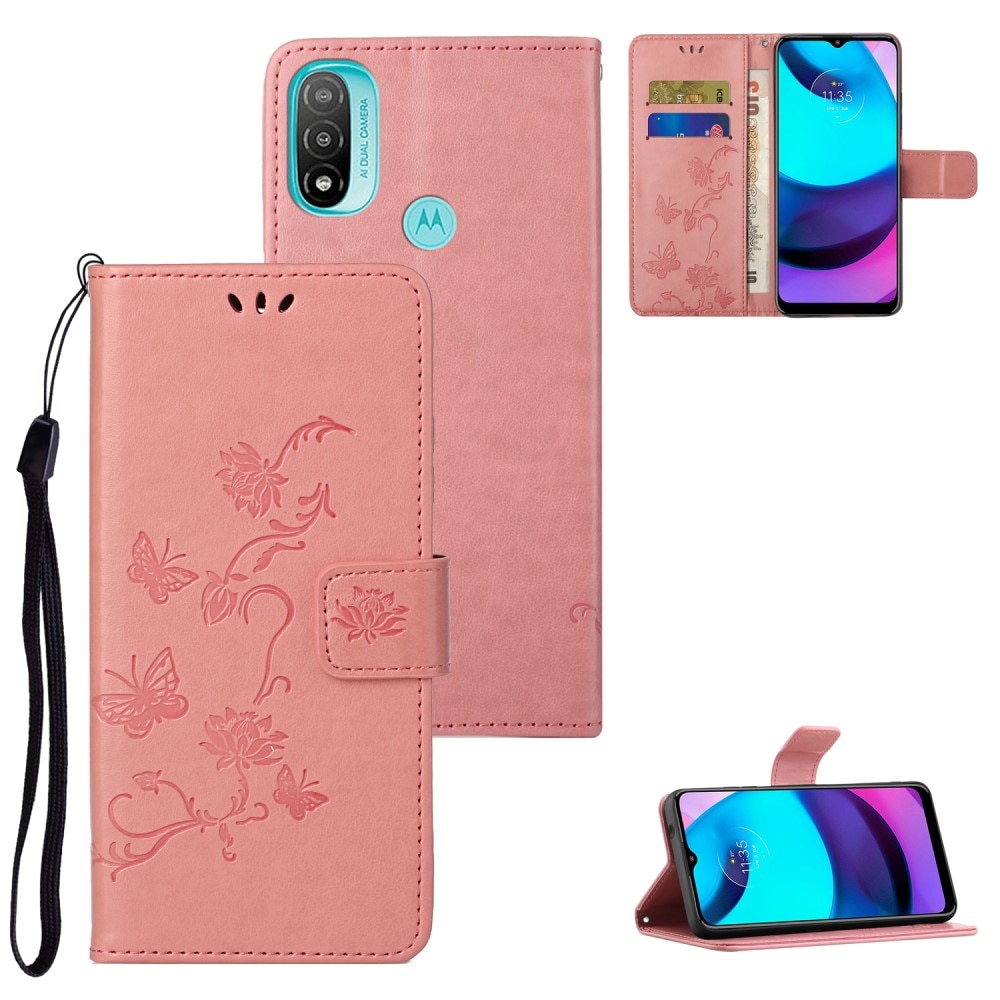 Custodia in pelle a farfalle per Motorola Moto E20/Moto E40, Rosa