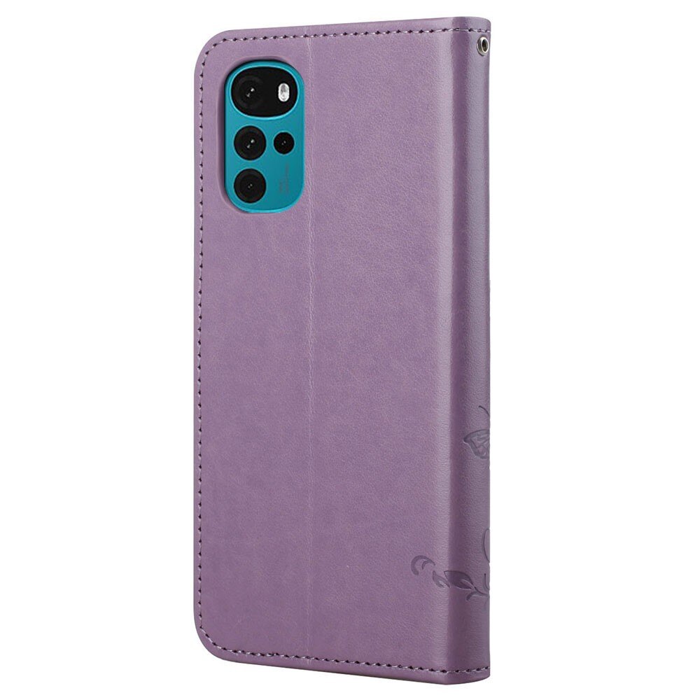 Custodia in pelle a farfalle per Motorola Moto G22, Viola