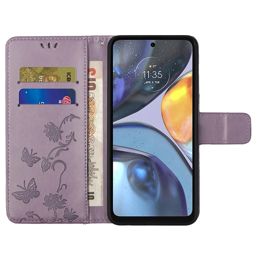 Custodia in pelle a farfalle per Motorola Moto G22, Viola