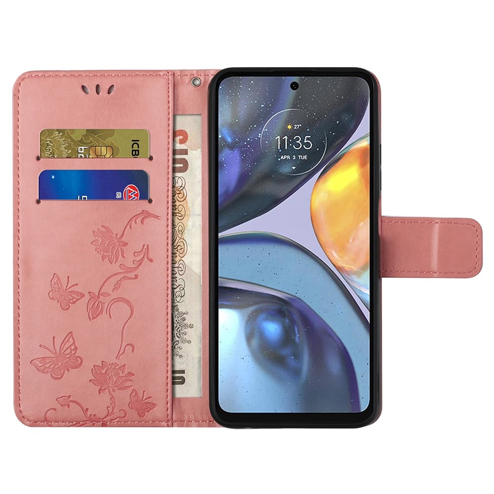 Custodia in pelle a farfalle per Motorola Moto G22, rosa