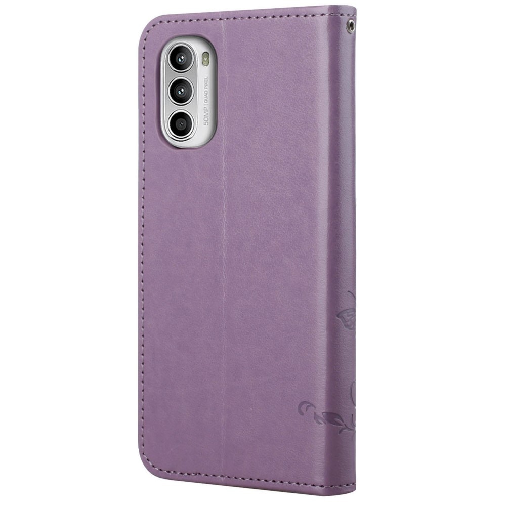 Custodia in pelle a farfalle per Motorola E32, viola