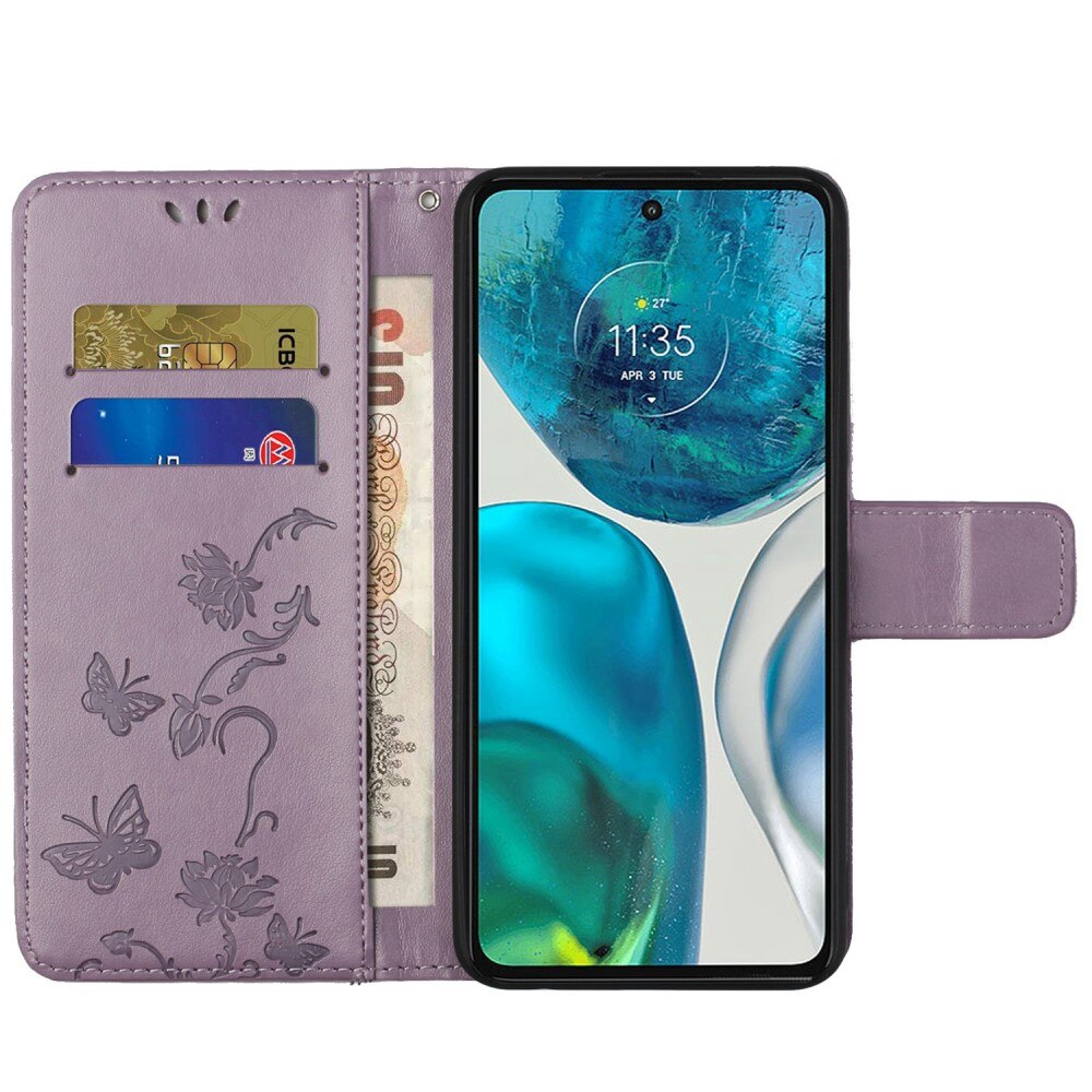 Custodia in pelle a farfalle per Motorola Moto G52, Viola