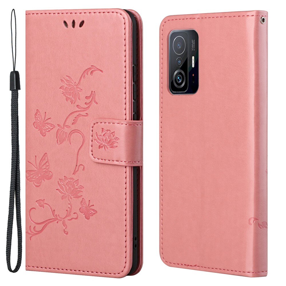 Custodia in pelle a farfalle per Xiaomi 11T/11T Pro, rosa