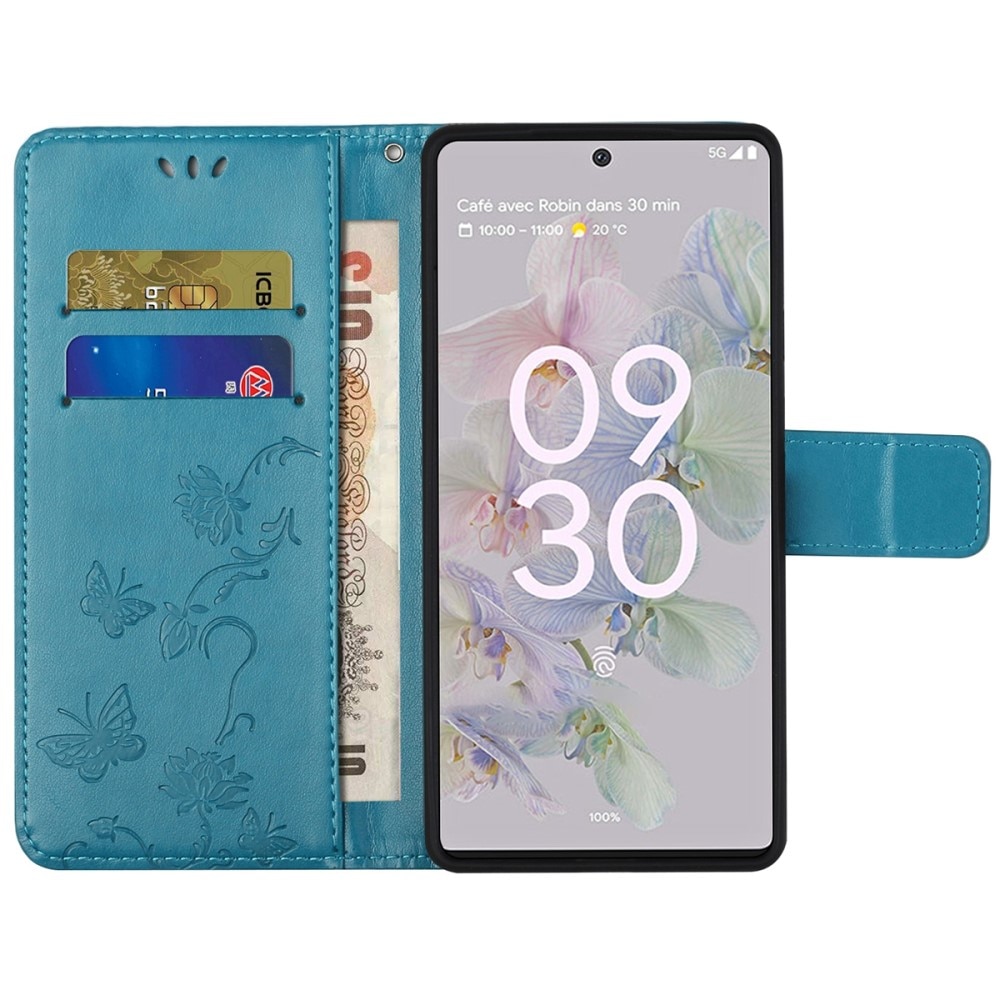 Custodia in pelle a farfalle per Google Pixel 6a, blu