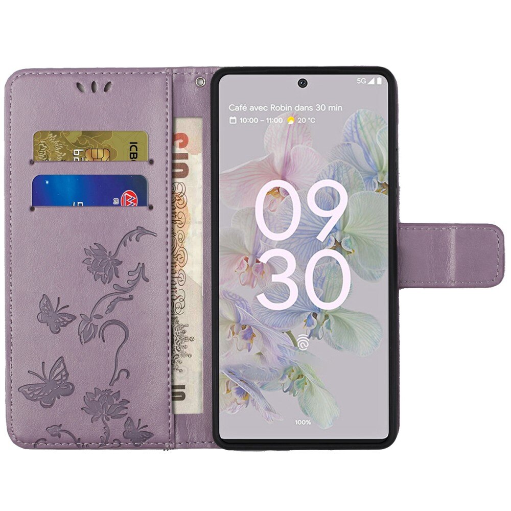Custodia in pelle a farfalle per Google Pixel 6a, Viola