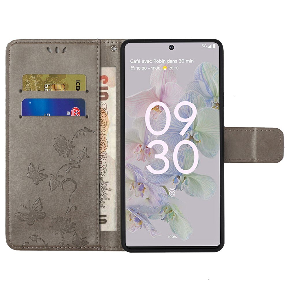 Custodia in pelle a farfalle per Google Pixel 6a, Grigio