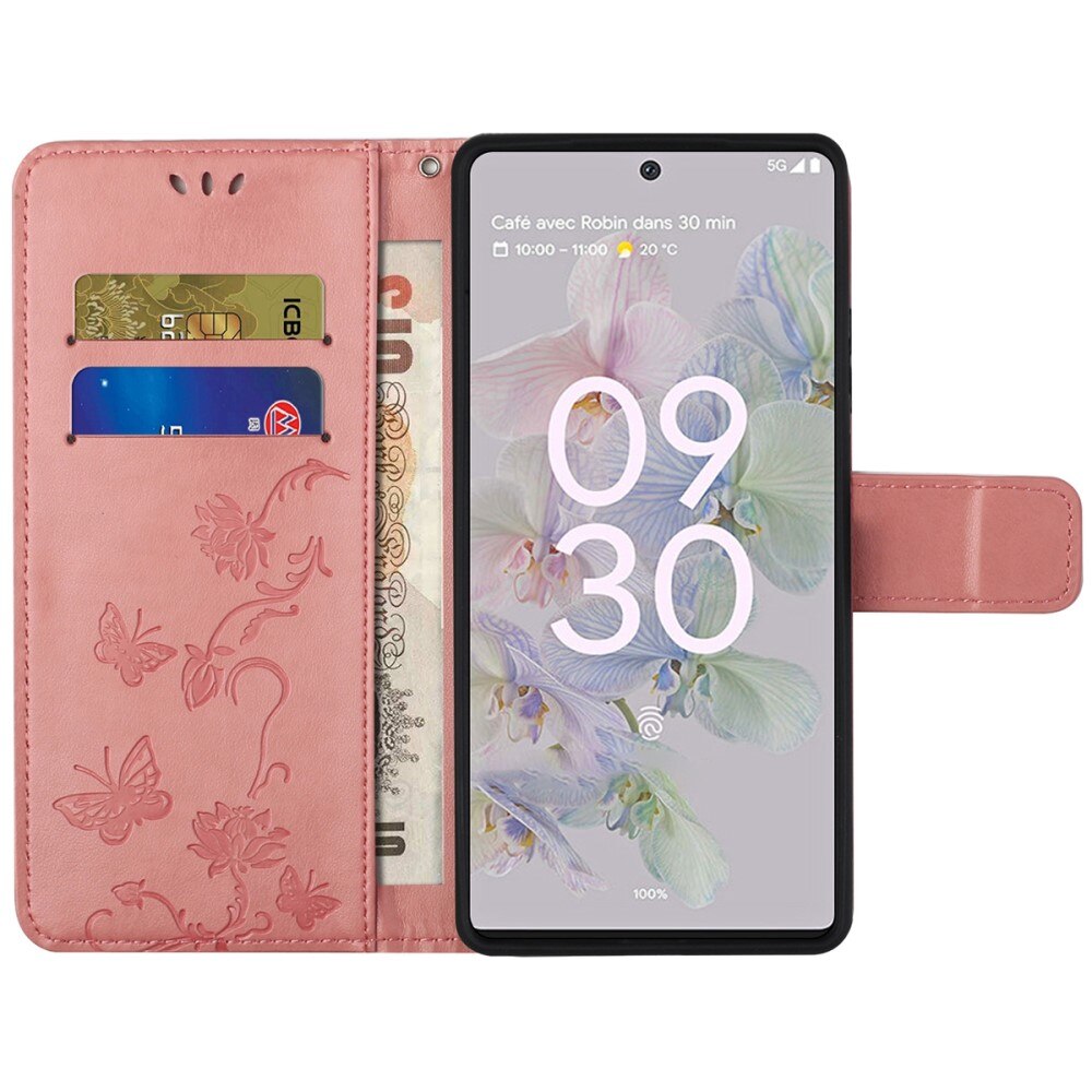 Custodia in pelle a farfalle per Google Pixel 6a, Rosa