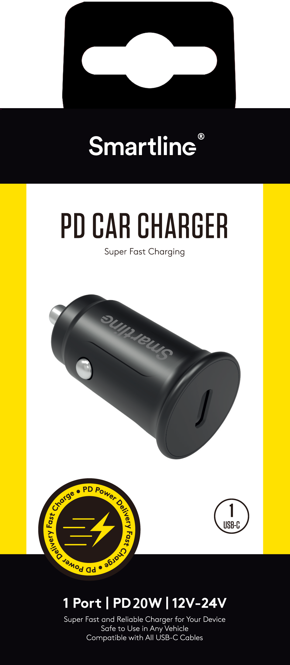 Caricabatterie auto Power Delivery USB-C 20W 12V-24V Nero