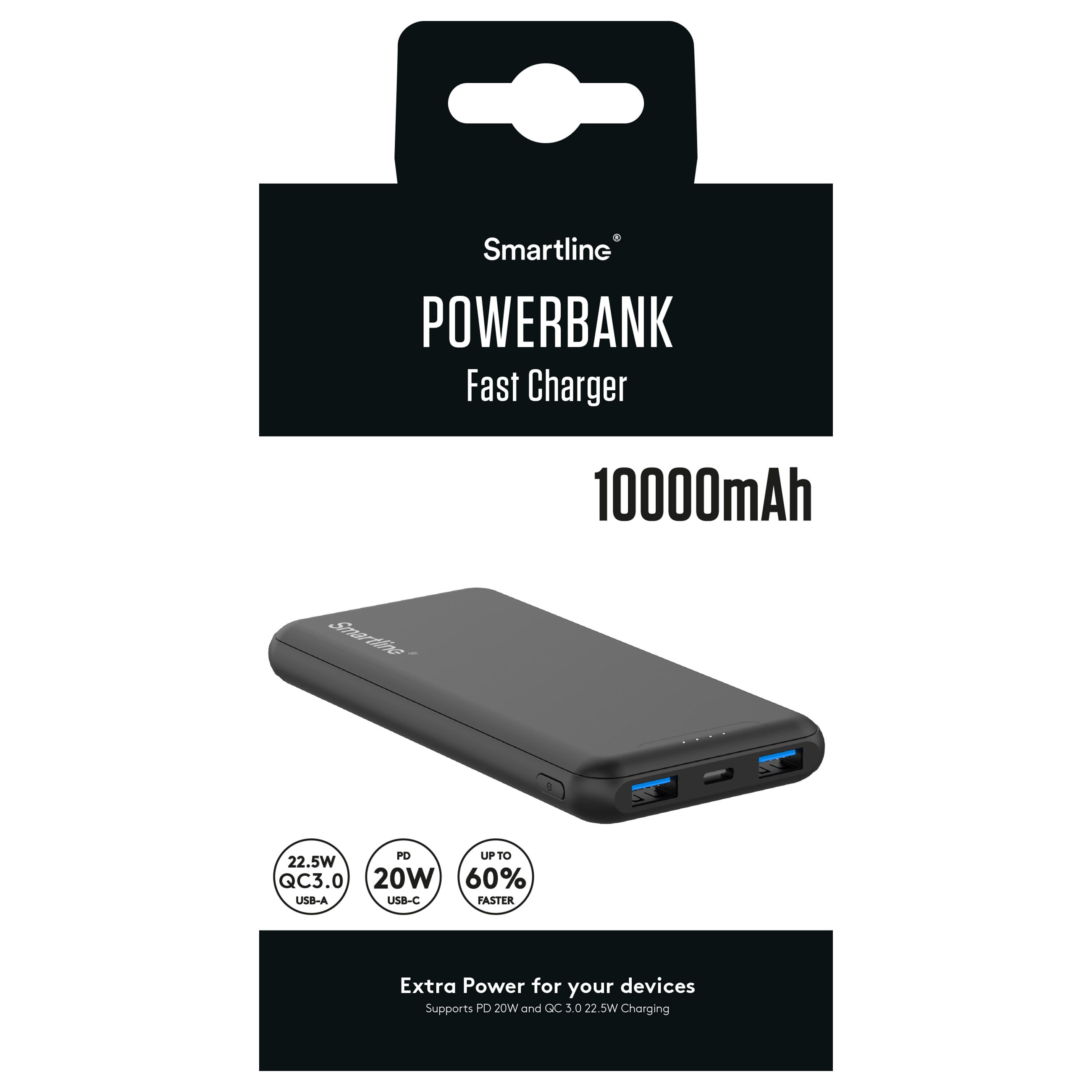 Powerbank 10000 mAh USB-A + USB-C PD nero