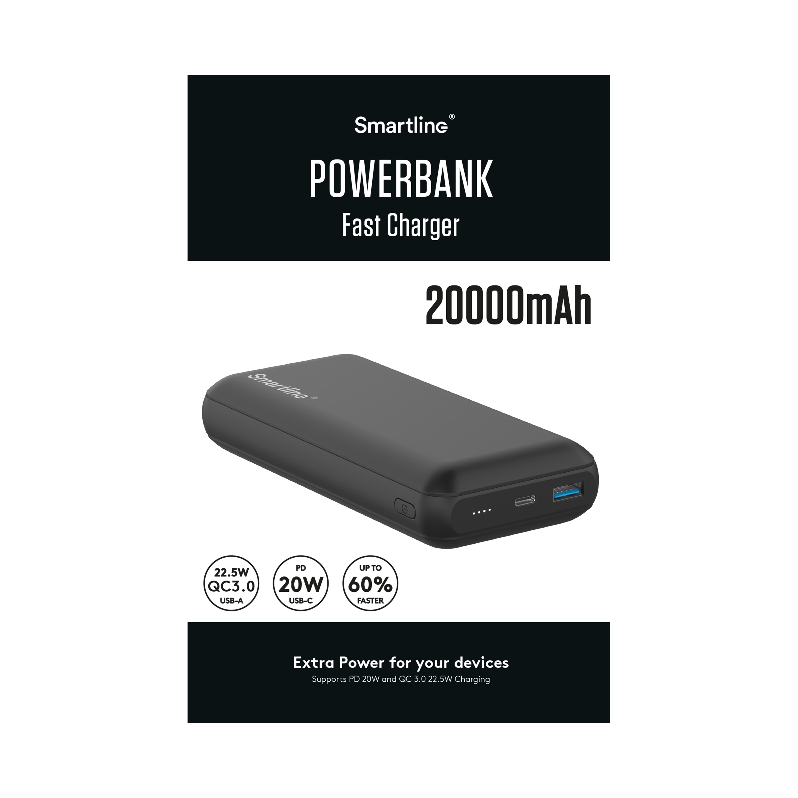 Powerbank 20000 mAh USB-A + USB-C PD nero