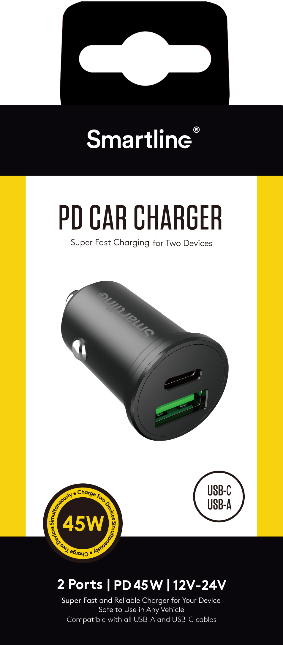 Caricabatterie auto PD Dual USB-C + USB-A 45W 12V-24V nero