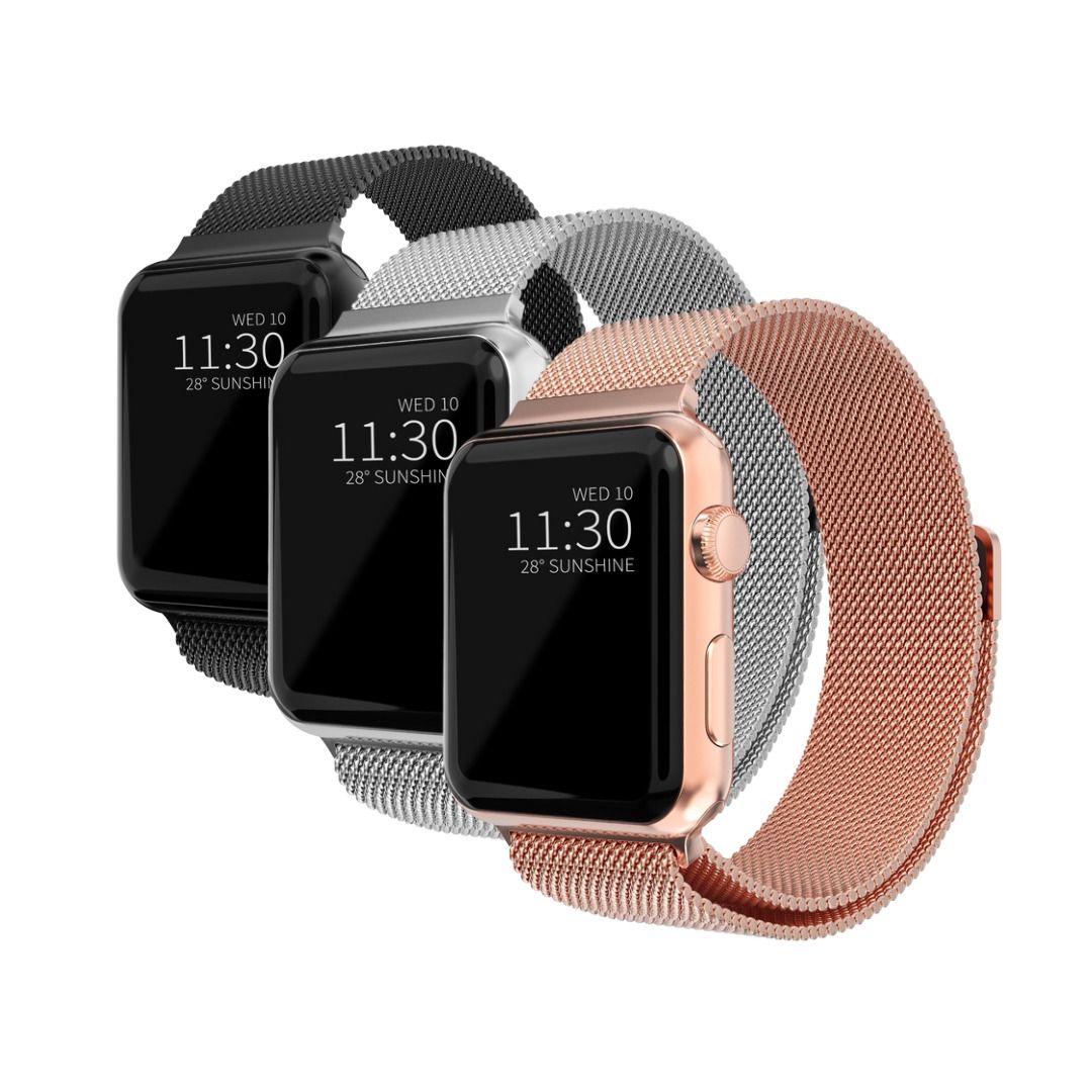 Kit per Apple Watch 41mm Series 7 Cinturino in maglia milanese nero, d'argento, oro rosa