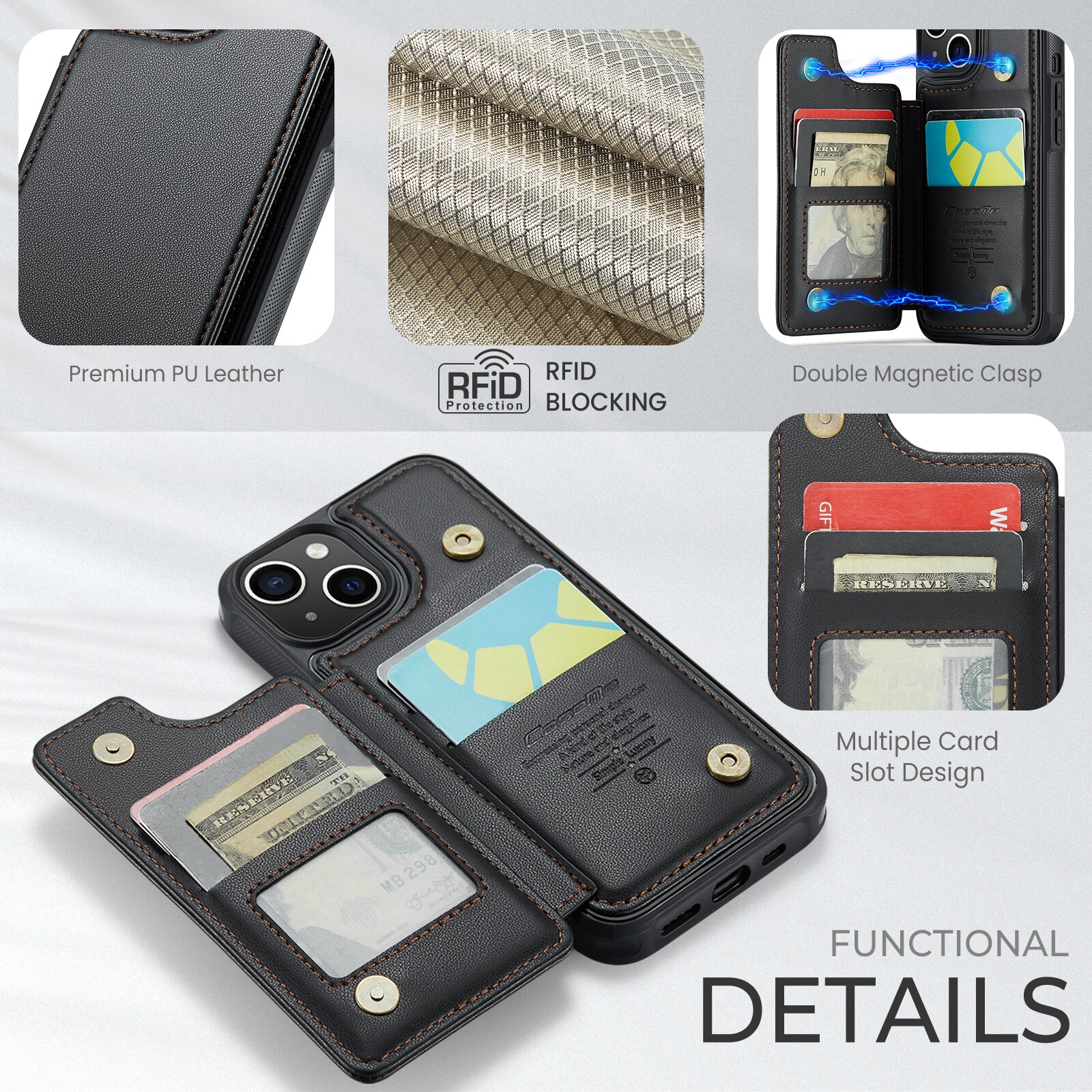 Cover con portacarte anti-RFID iPhone 15 nero