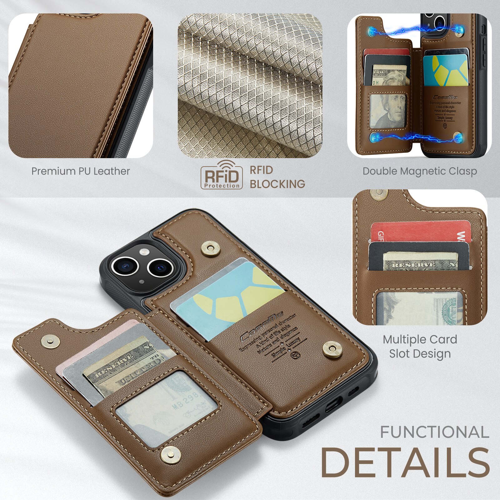 Cover con portacarte anti-RFID iPhone 15 marrone