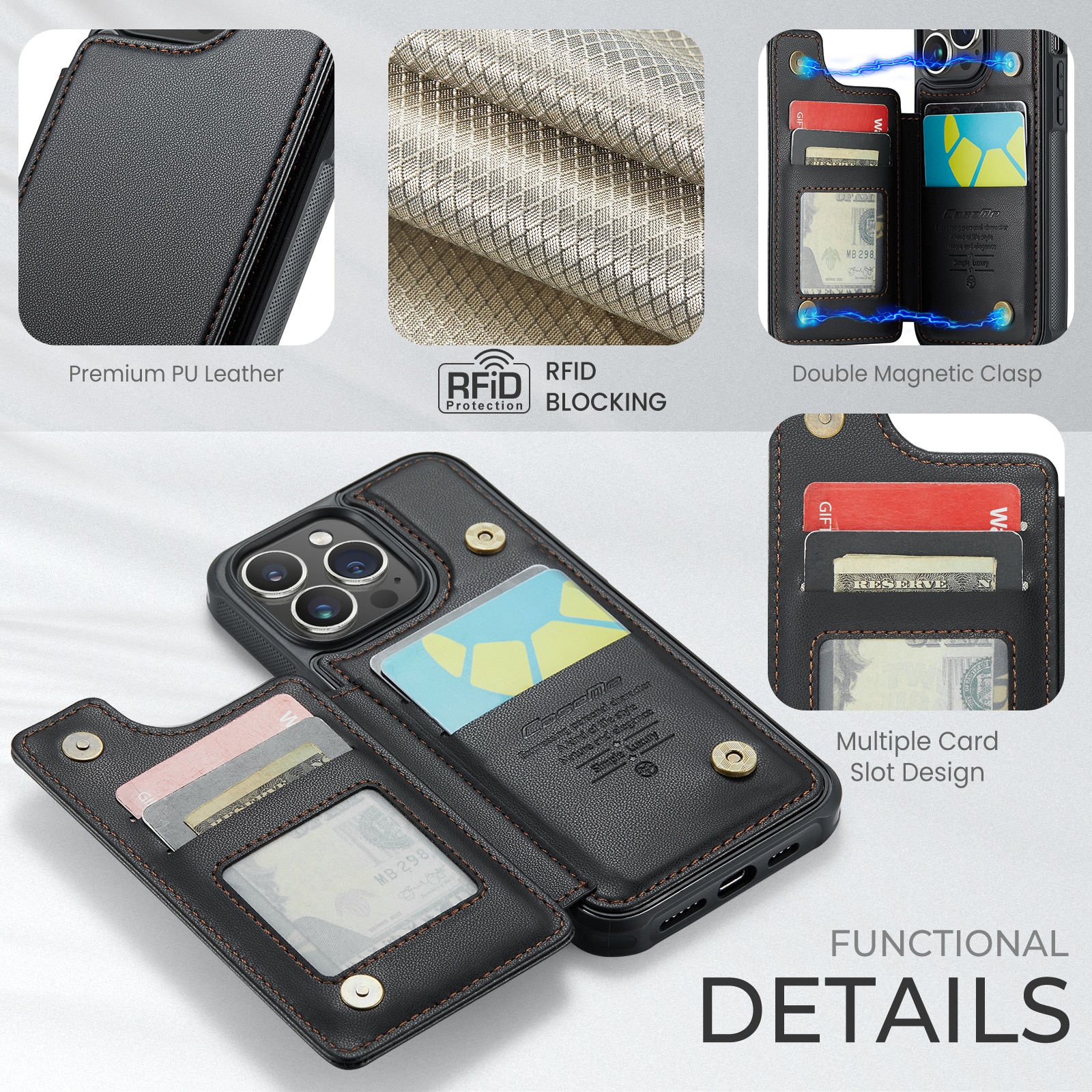 Cover con portacarte anti-RFID iPhone 15 Pro nero
