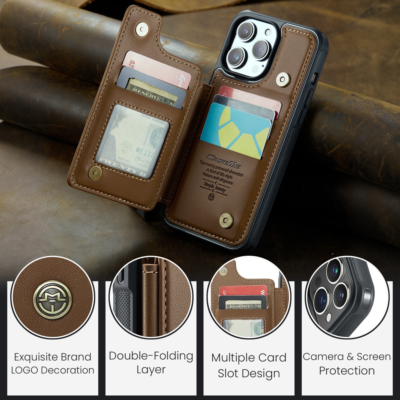 Cover con portacarte anti-RFID iPhone 15 Pro marrone