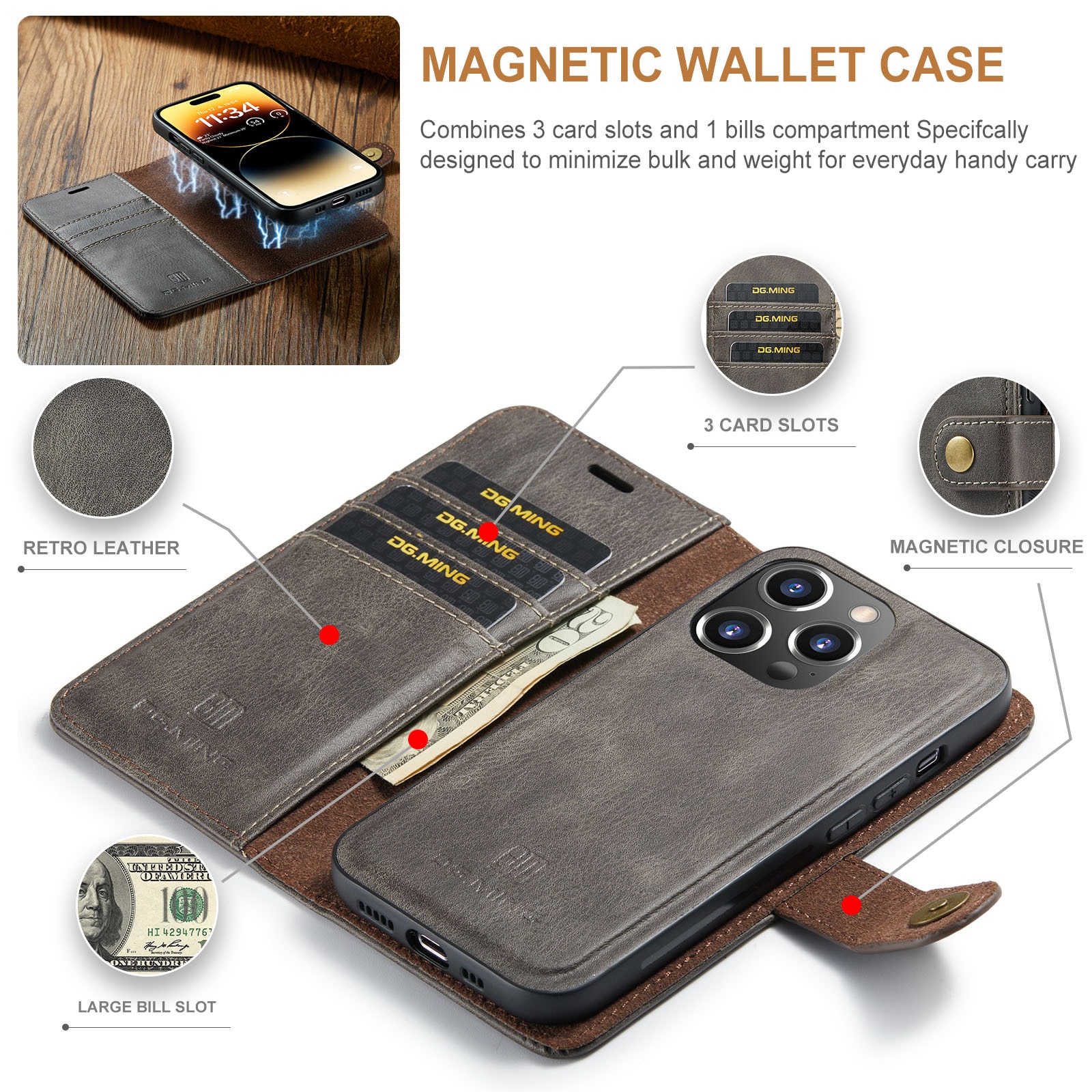 Cover portafoglio Magnet Wallet iPhone 14 Pro Max Brown