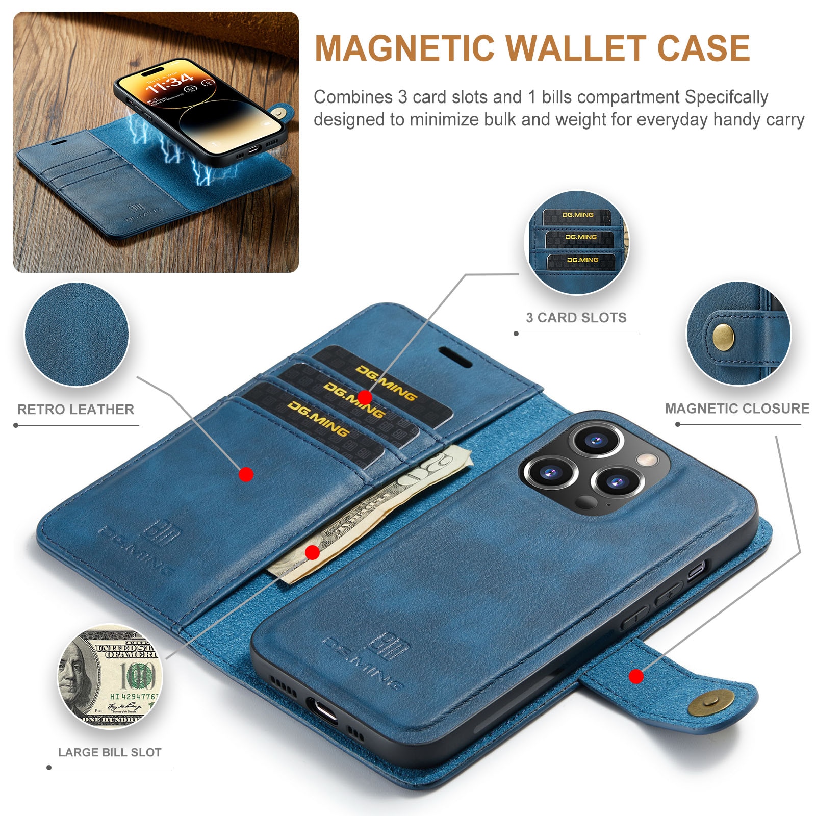 Cover portafoglio Magnet Wallet iPhone 14 Pro Max Blue