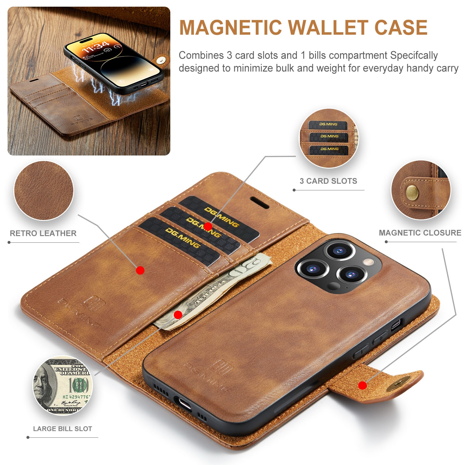 Cover portafoglio Magnet Wallet iPhone 14 Pro Max Cognac