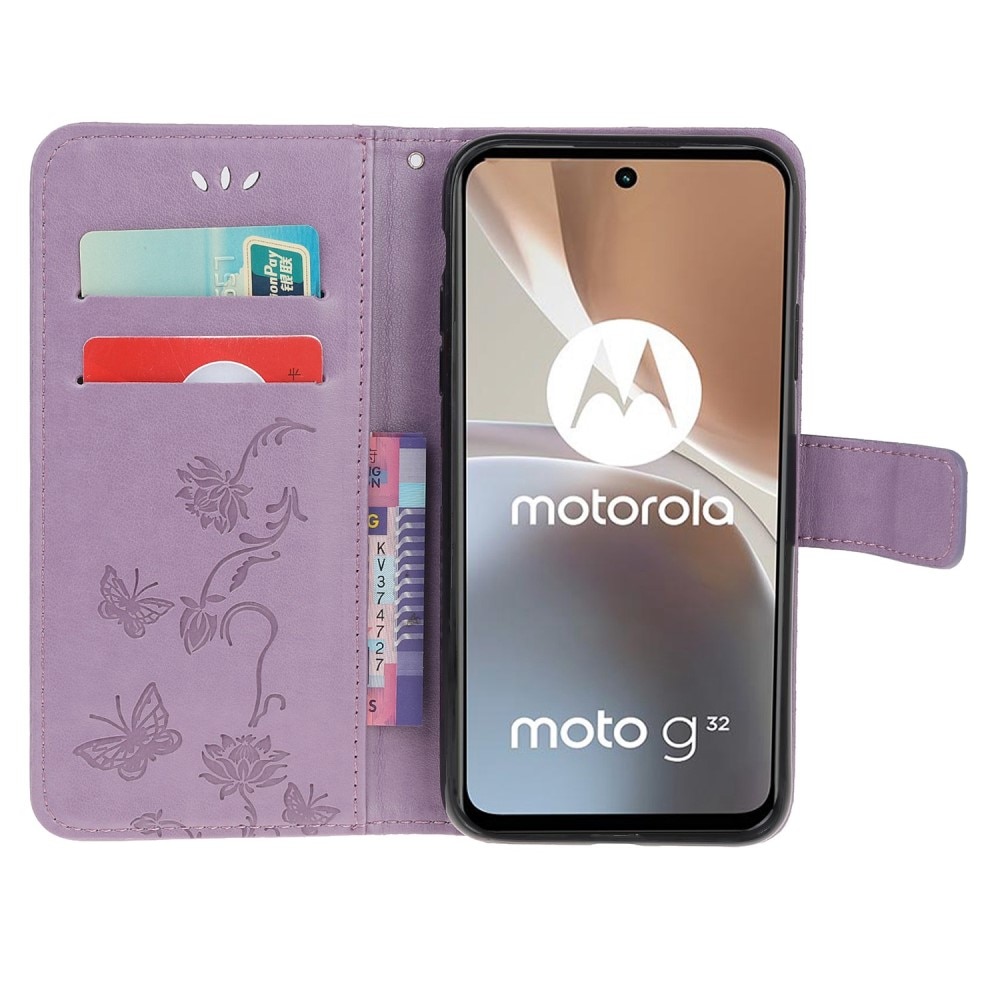 Custodia in pelle a farfalle per Motorola Moto G32, viola