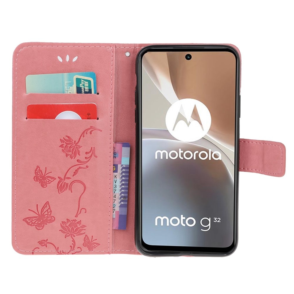 Custodia in pelle a farfalle per Motorola Moto G32, rosa