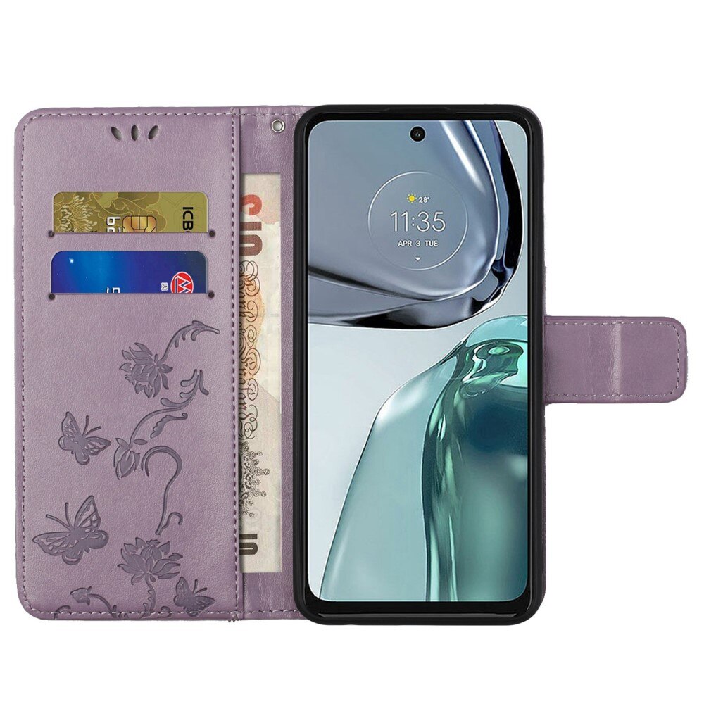Custodia in pelle a farfalle per Motorola Moto G62, Viola