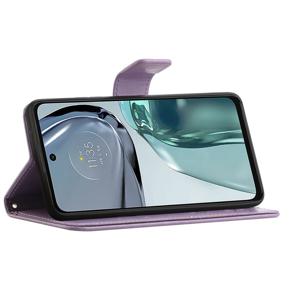 Custodia in pelle a farfalle per Motorola Moto G62, Viola