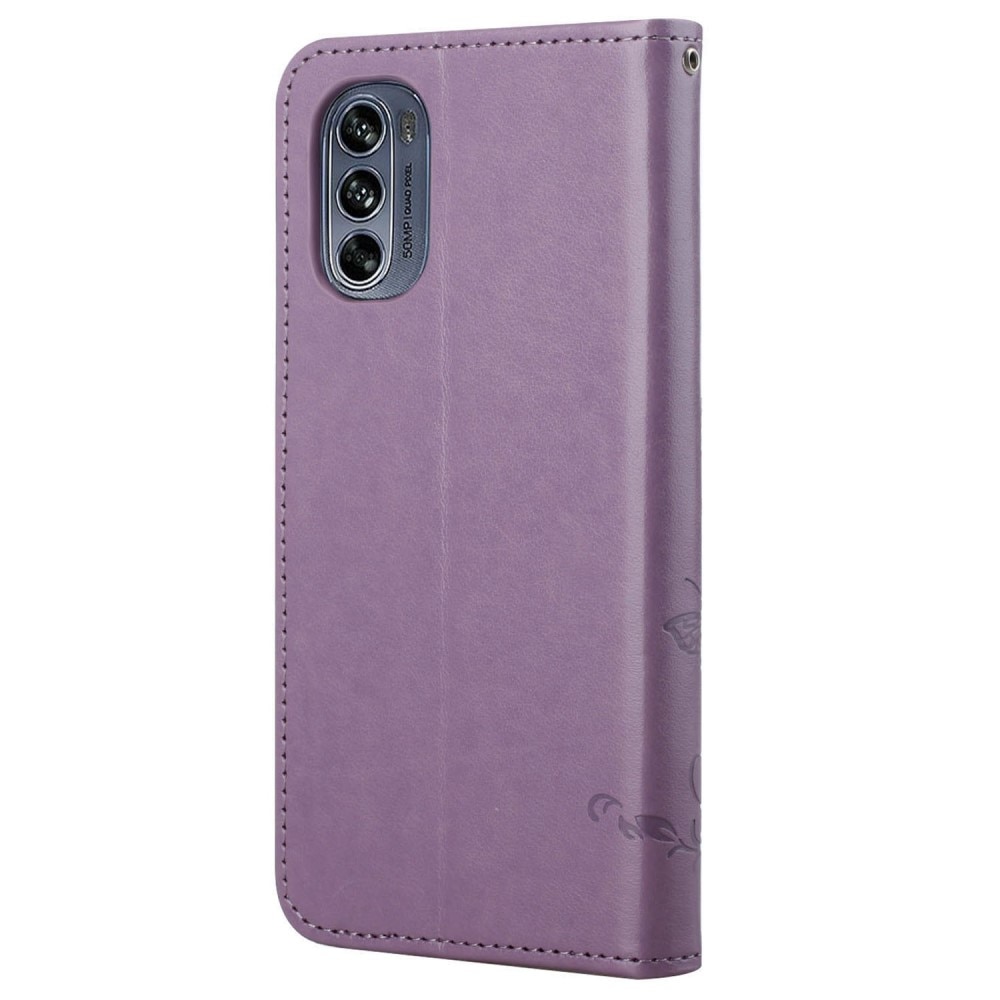 Custodia in pelle a farfalle per Motorola Moto G62, Viola