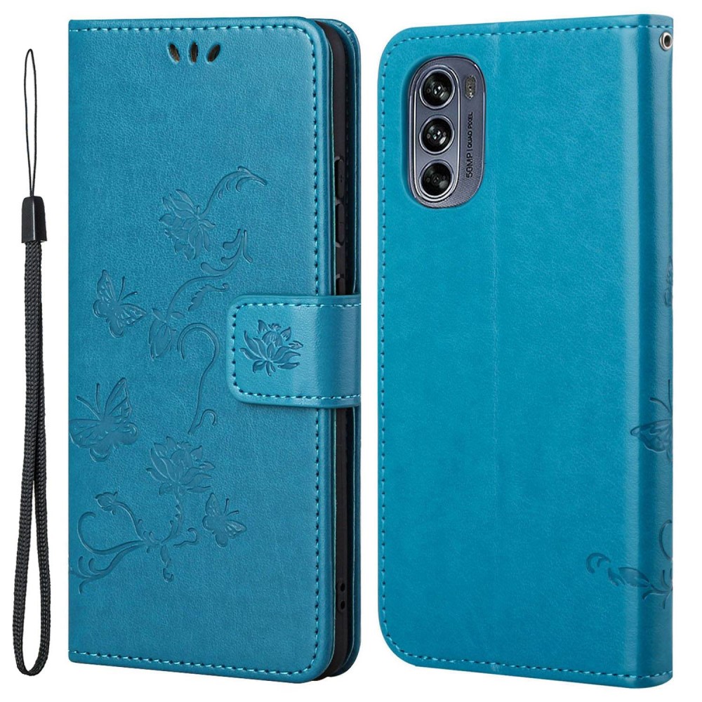 Custodia in pelle a farfalle per Motorola Moto G62, Blu