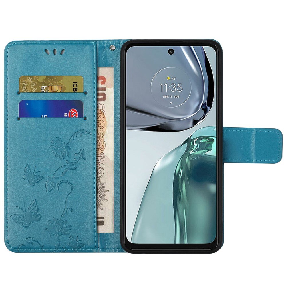 Custodia in pelle a farfalle per Motorola Moto G62, Blu