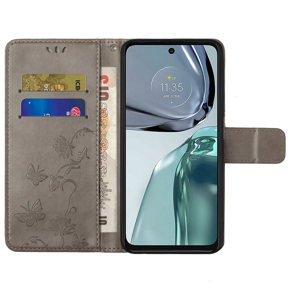 Custodia in pelle a farfalle per Motorola Moto G62, Grigio