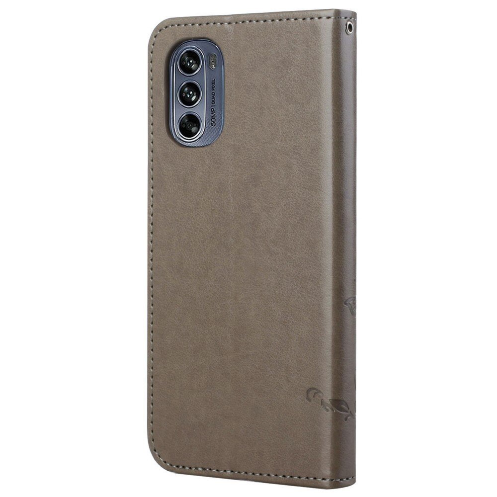 Custodia in pelle a farfalle per Motorola Moto G62, Grigio