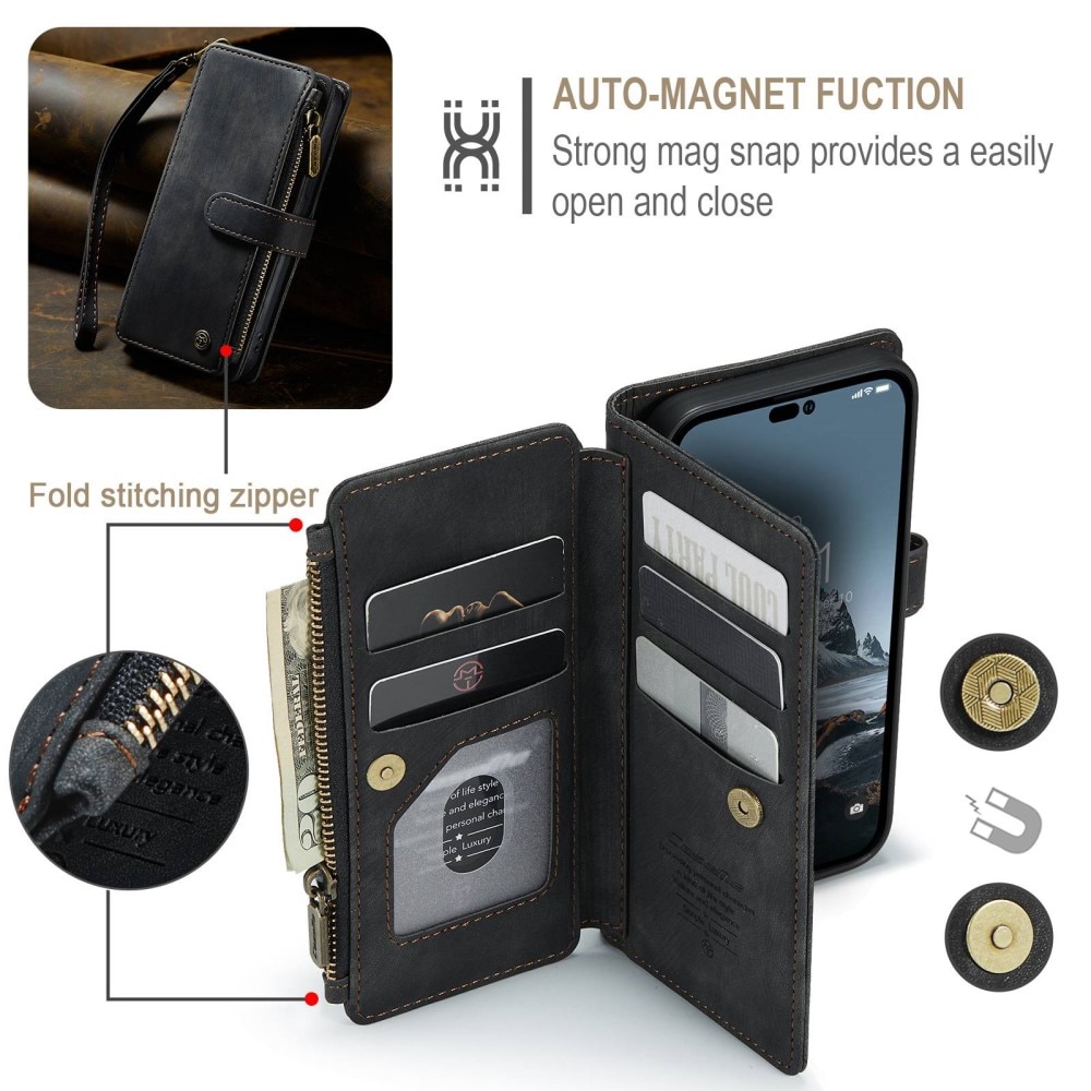 Custodie a portafoglio Zipper iPhone 14 Pro Nero