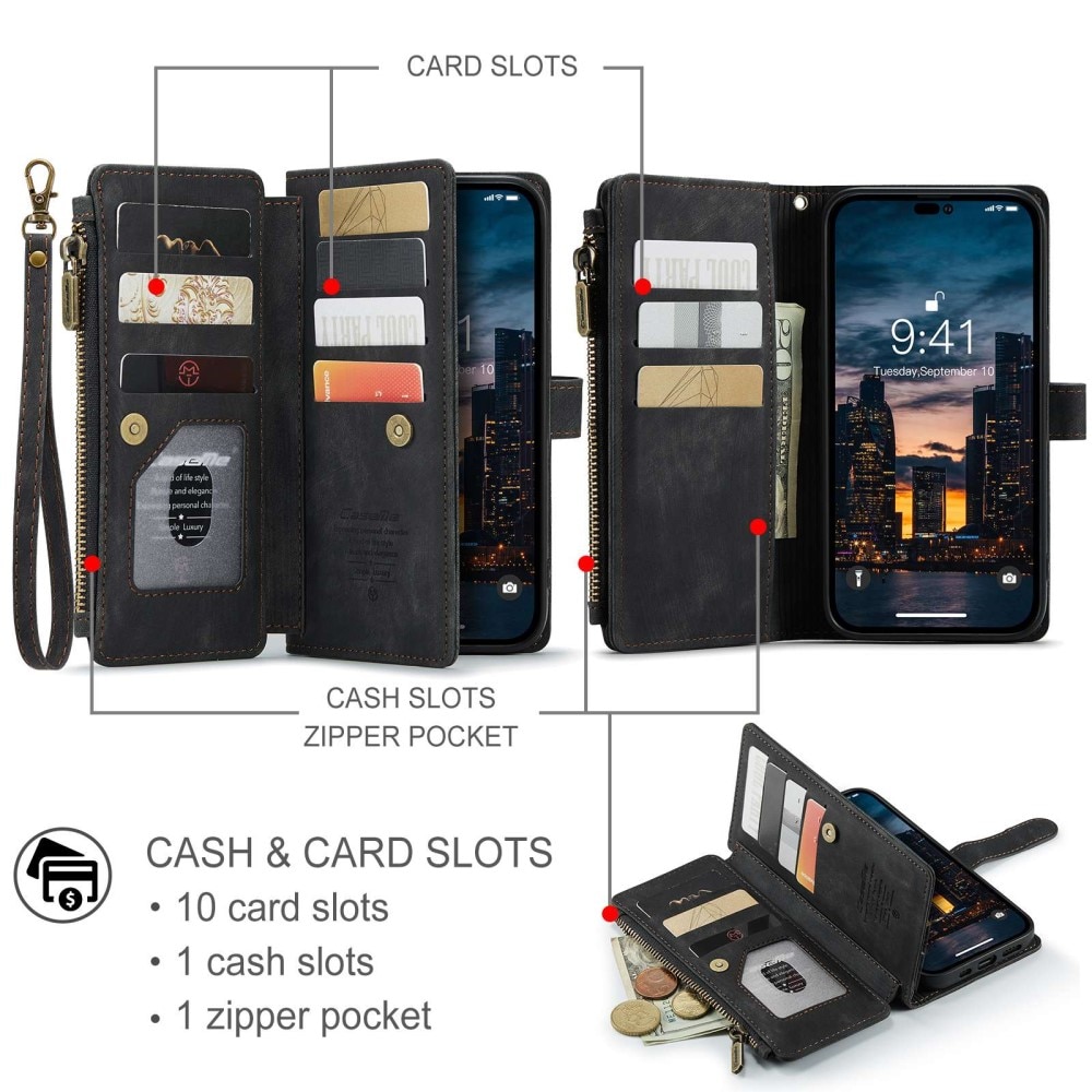 Custodie a portafoglio Zipper iPhone 14 Pro Max Nero