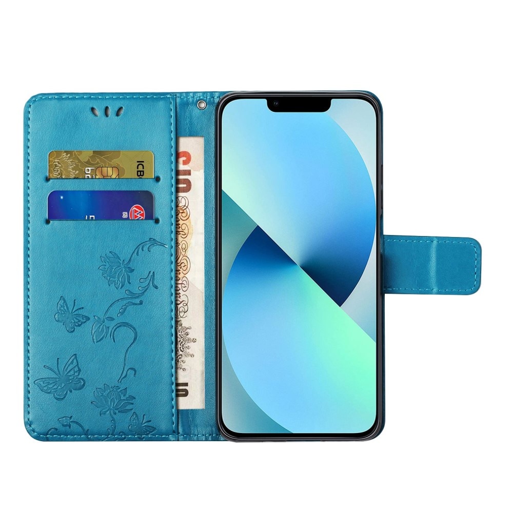 Custodia in pelle a farfalle per iPhone 14, blu