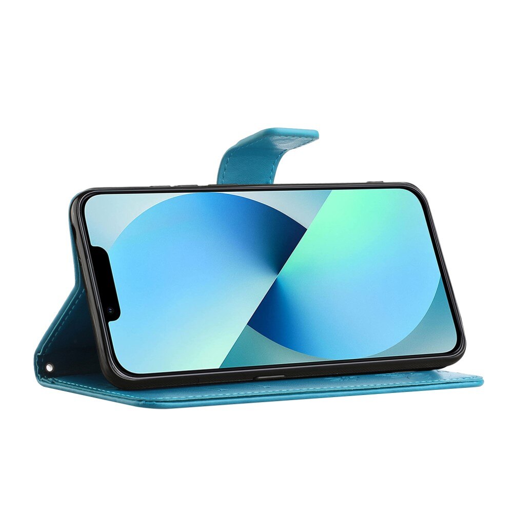 Custodia in pelle a farfalle per iPhone 14, blu