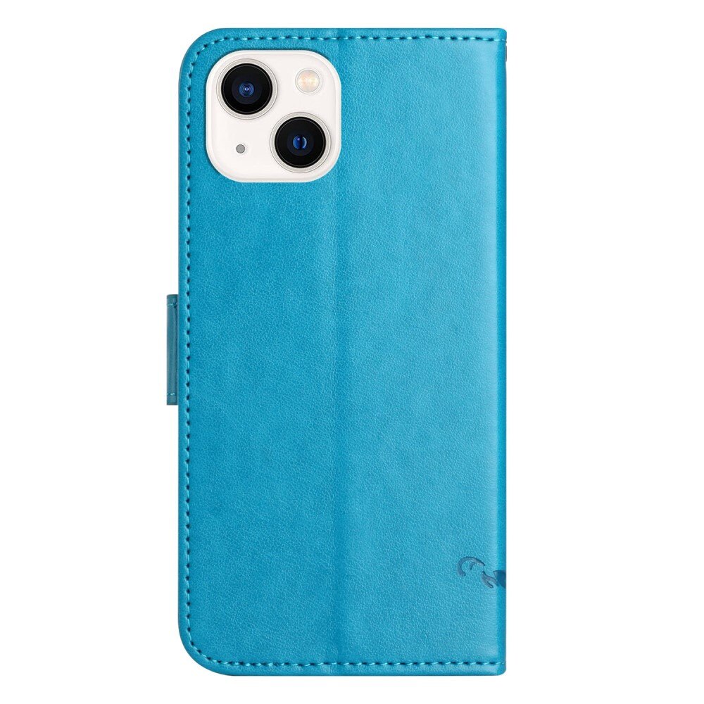 Custodia in pelle a farfalle per iPhone 14, blu