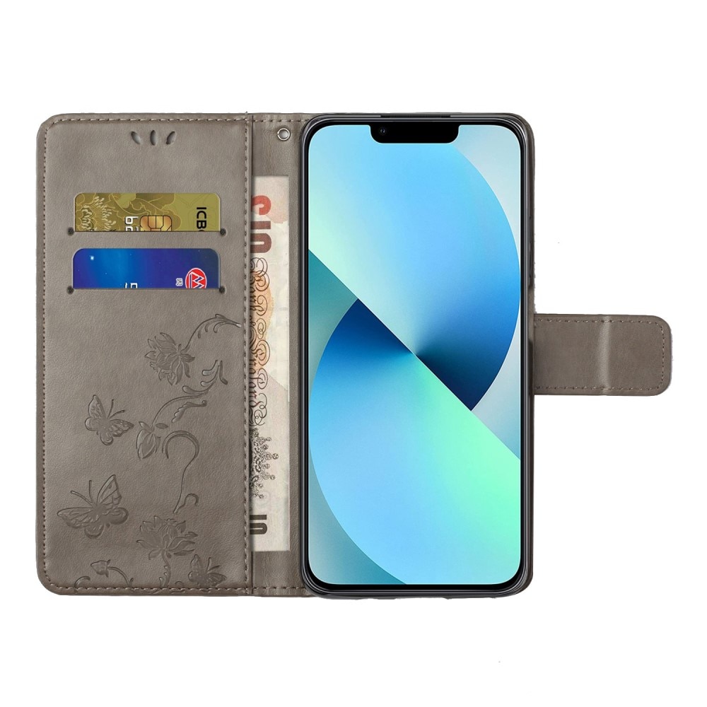 Custodia in pelle a farfalle per iPhone 14, Grigio