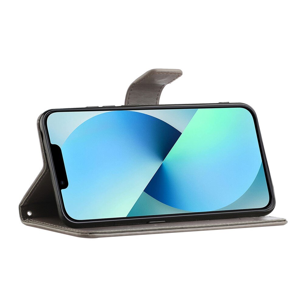 Custodia in pelle a farfalle per iPhone 14, Grigio
