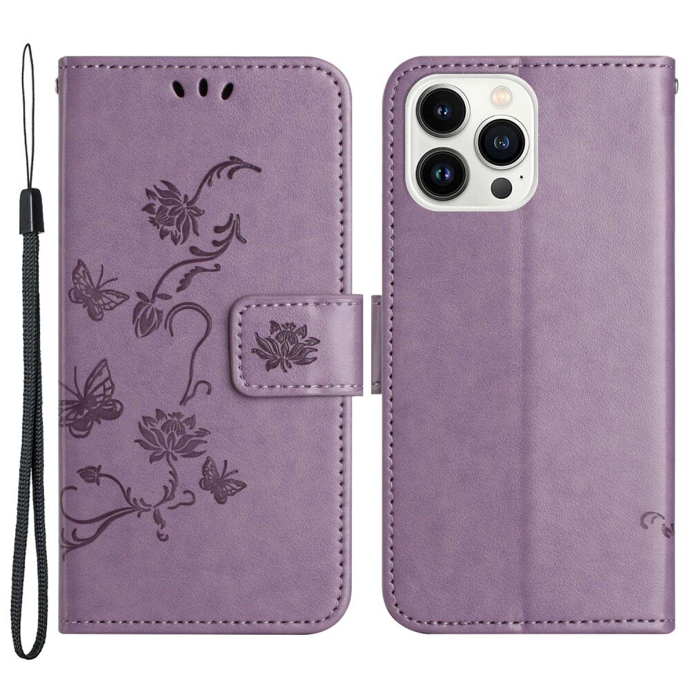 Custodia in pelle a farfalle per iPhone 14 Pro, viola