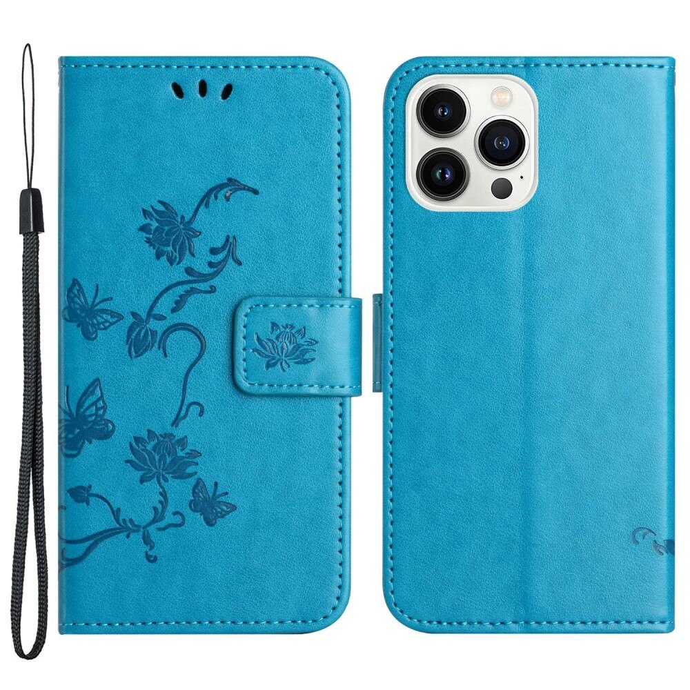 Custodia in pelle a farfalle per iPhone 14 Pro, blu