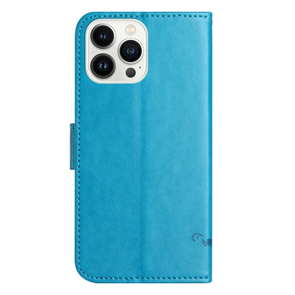 Custodia in pelle a farfalle per iPhone 14 Pro, blu