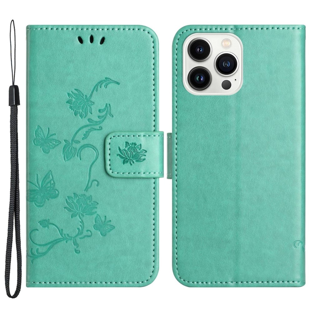 Custodia in pelle a farfalle per iPhone 14 Pro, verde