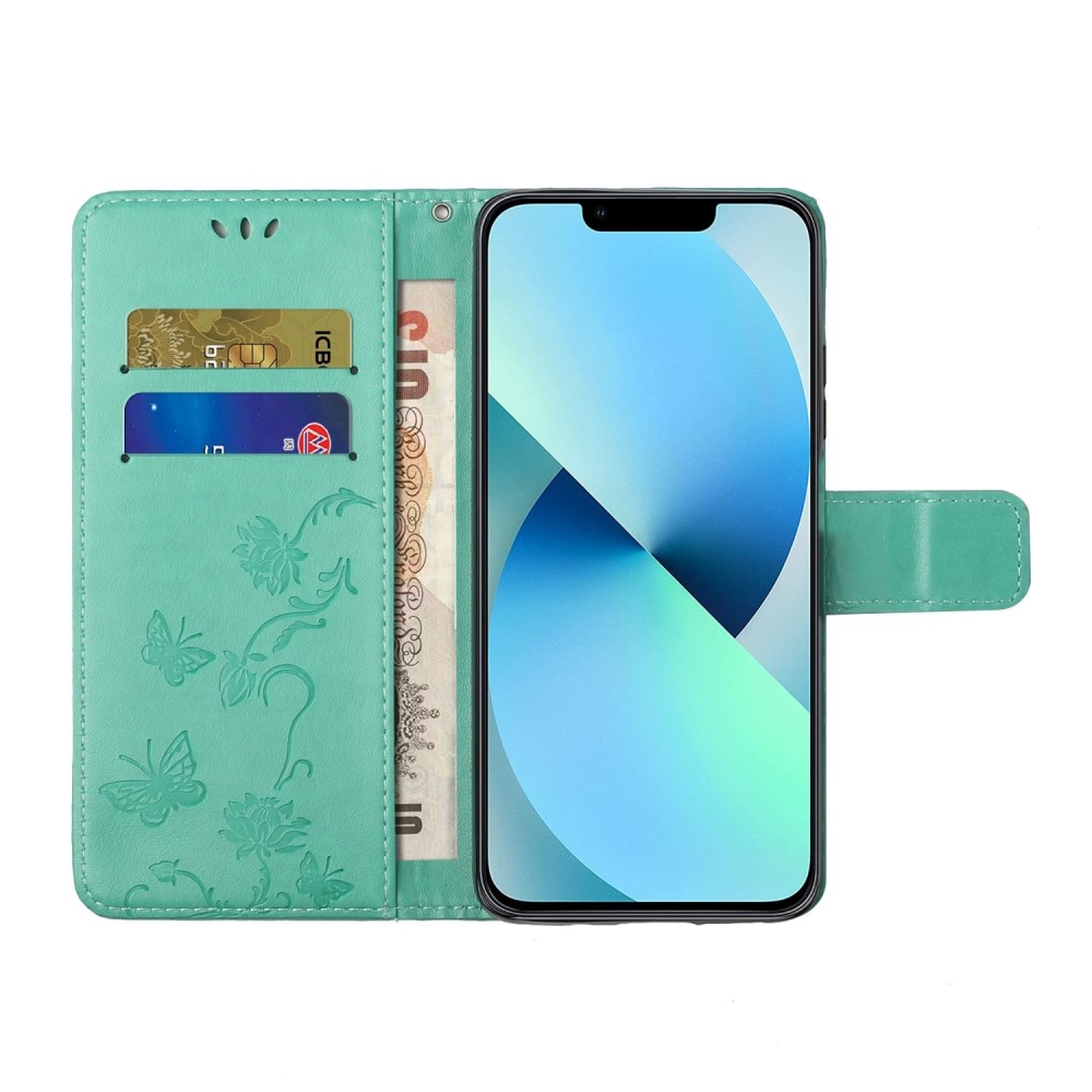 Custodia in pelle a farfalle per iPhone 14 Pro, verde